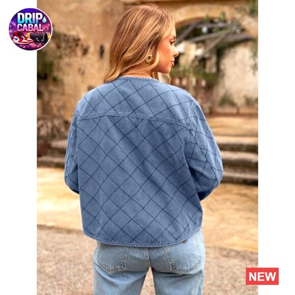 Denim Jean Jacket Quilted Lining Button Down Long Sleeve Lightweight Shacket - Picture 4 of 7